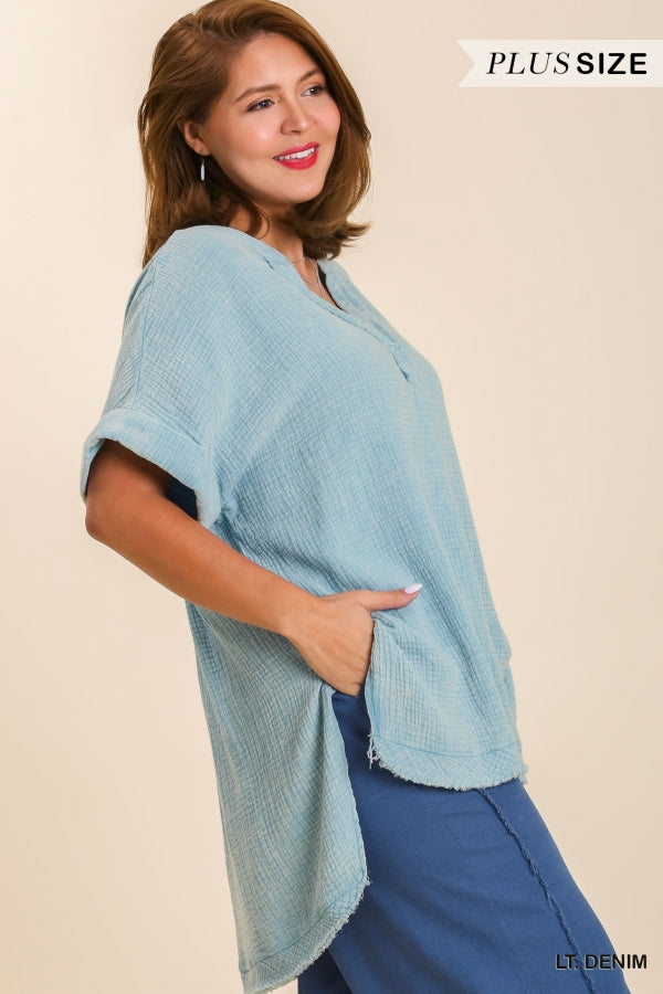 Umgee Plus Mineral Wash Gauze Fabric Split Neck Cuff Sleeves Tunic Top