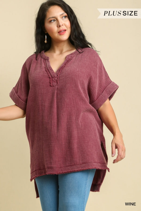 Umgee Plus Mineral Wash Gauze Fabric Split Neck Cuff Sleeves Tunic Top