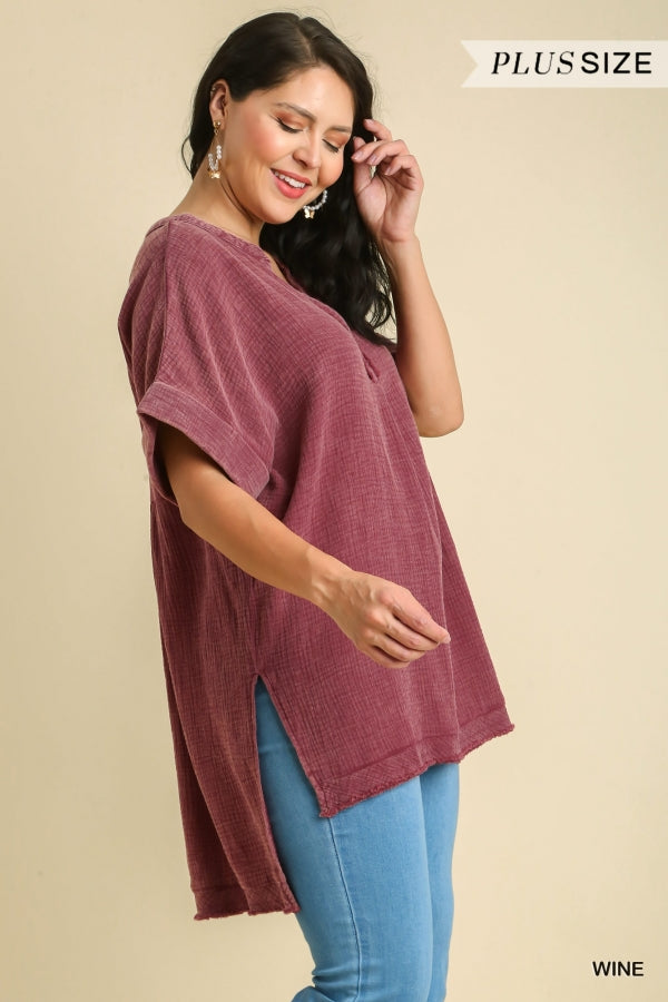 Umgee Plus Mineral Wash Gauze Fabric Split Neck Cuff Sleeves Tunic Top