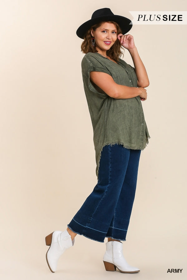 Umgee Plus Washed Button Up Short Folded Sleeve Frayed Hemline Top