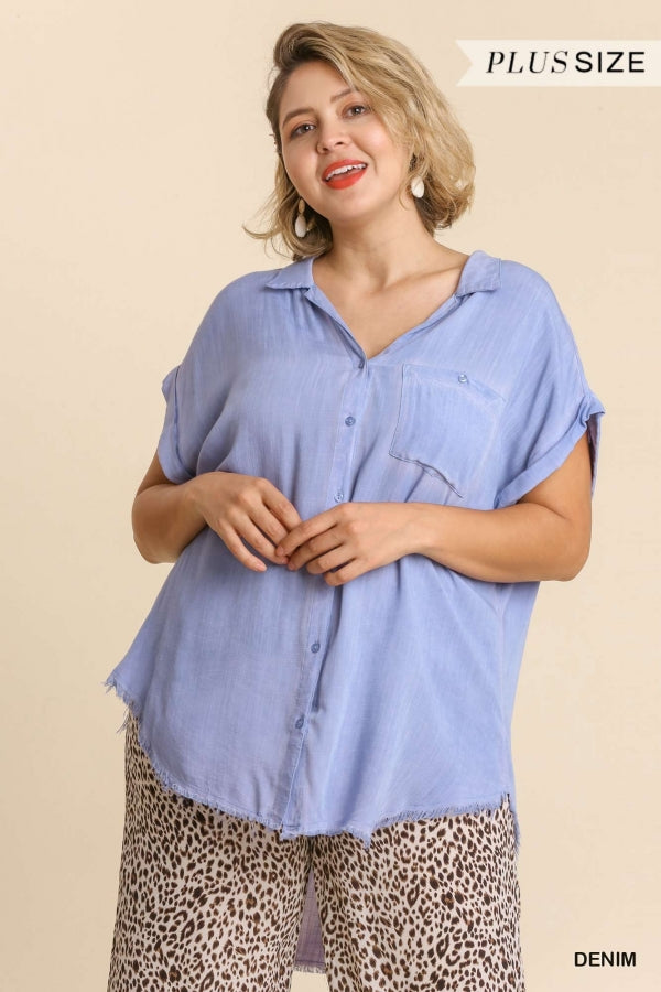 Umgee Plus Washed Button Up Short Folded Sleeve Frayed Hemline Top