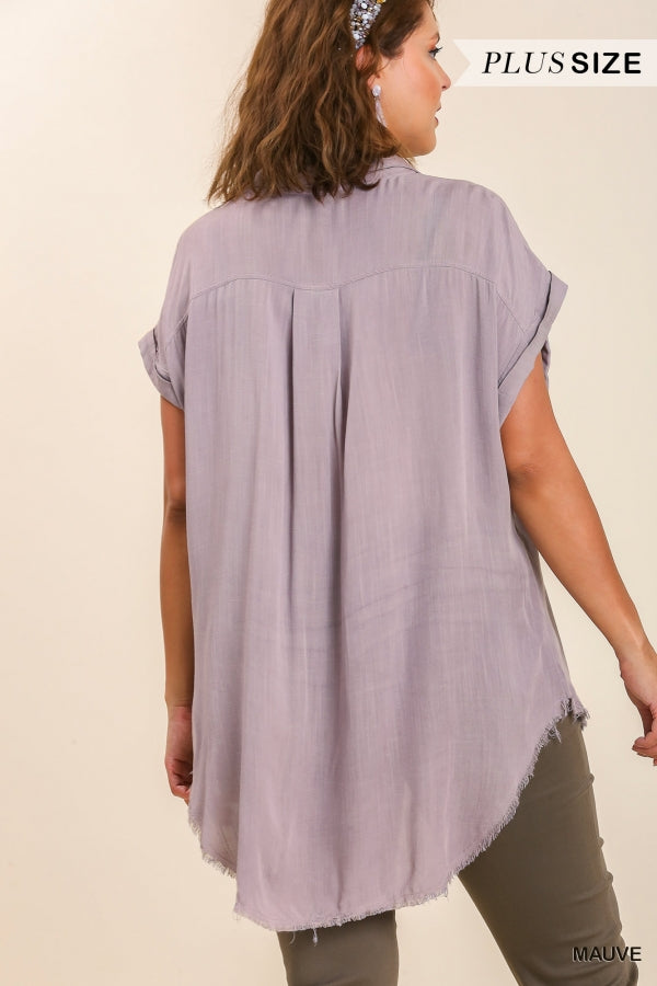 Umgee Plus Washed Button Up Short Folded Sleeve Frayed Hemline Top - Roulhac Fashion Boutique