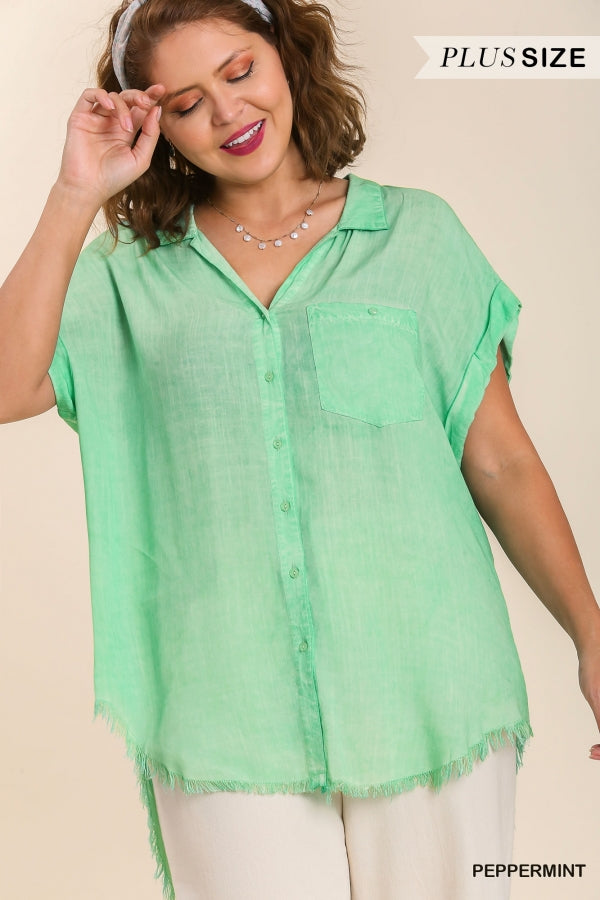 Umgee Plus Washed Button Up Short Folded Sleeve Frayed Hemline Top