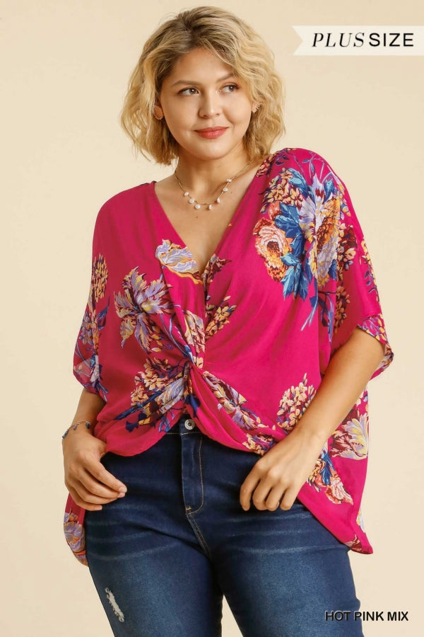 Umgee Plus Mix Reversible Floral Print Dolman Sleeve V-Neck Top