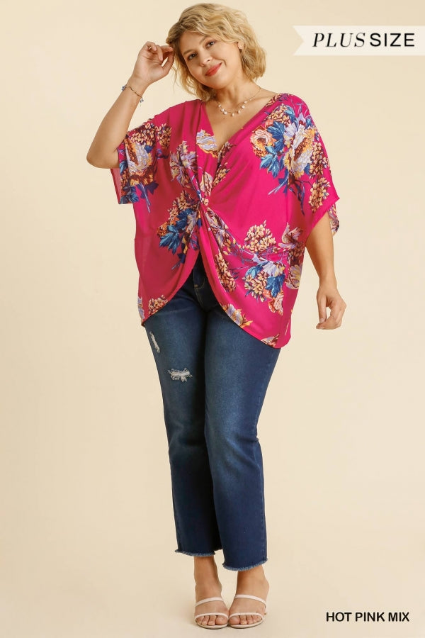 Umgee Plus Mix Reversible Floral Print Dolman Sleeve V-Neck Top