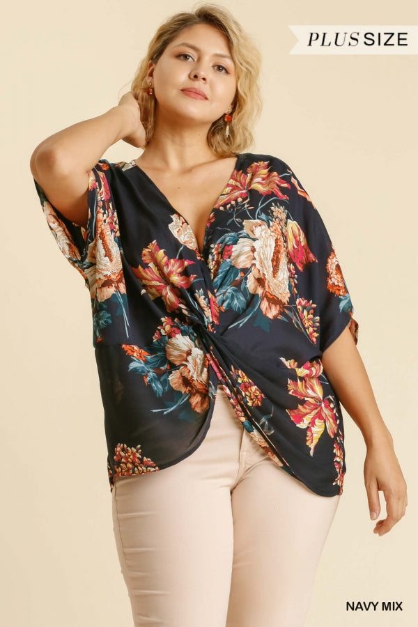 Umgee Plus Mix Reversible Floral Print Dolman Sleeve V-Neck Top - Roulhac Fashion Boutique