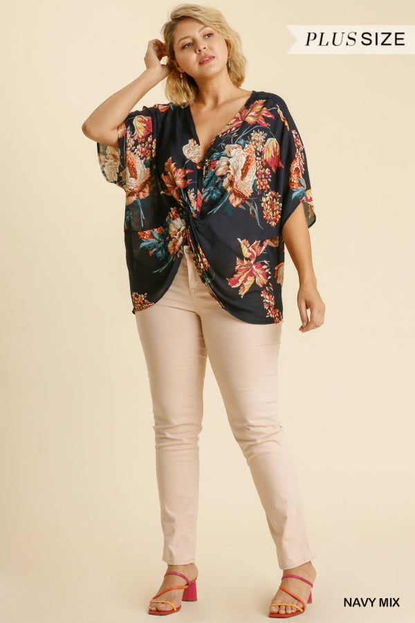 Umgee Plus Mix Reversible Floral Print Dolman Sleeve V-Neck Top - Roulhac Fashion Boutique