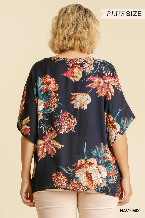 Umgee Plus Mix Reversible Floral Print Dolman Sleeve V-Neck Top - Roulhac Fashion Boutique
