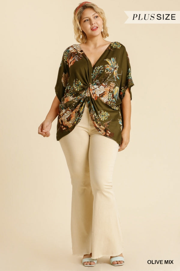 Umgee Plus Mix Reversible Floral Print Dolman Sleeve V-Neck Top - Roulhac Fashion Boutique