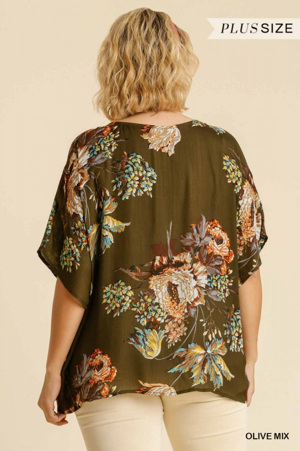 Umgee Plus Mix Reversible Floral Print Dolman Sleeve V-Neck Top