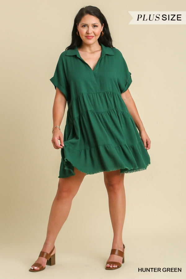 Umgee Plus Short Folded Sleeve V-Neck Collar Ruffle Tiered Frayed Dress - Roulhac Fashion Boutique