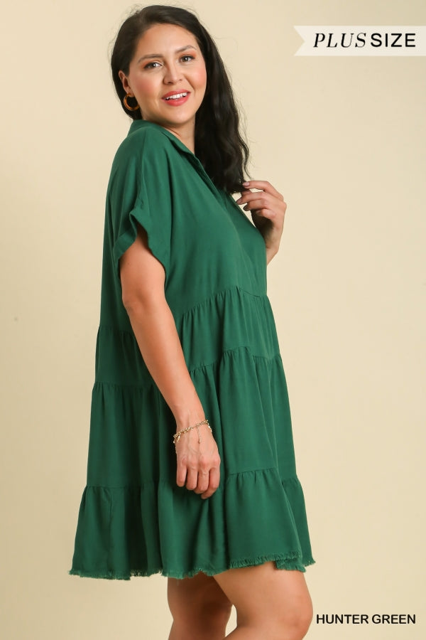 Umgee Plus Short Folded Sleeve V-Neck Collar Ruffle Tiered Frayed Dress - Roulhac Fashion Boutique