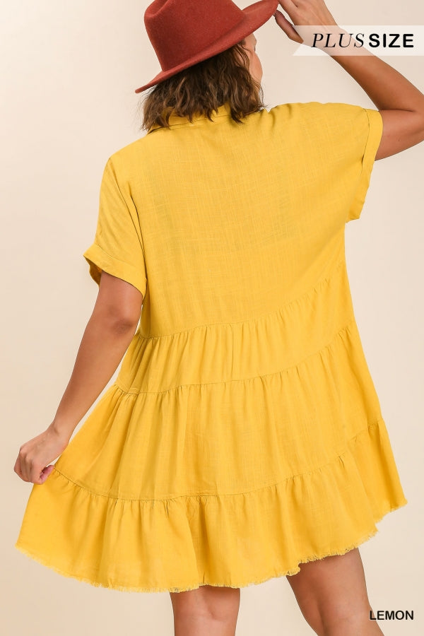 Umgee Plus Short Folded Sleeve V-Neck Collar Ruffle Tiered Frayed Dress