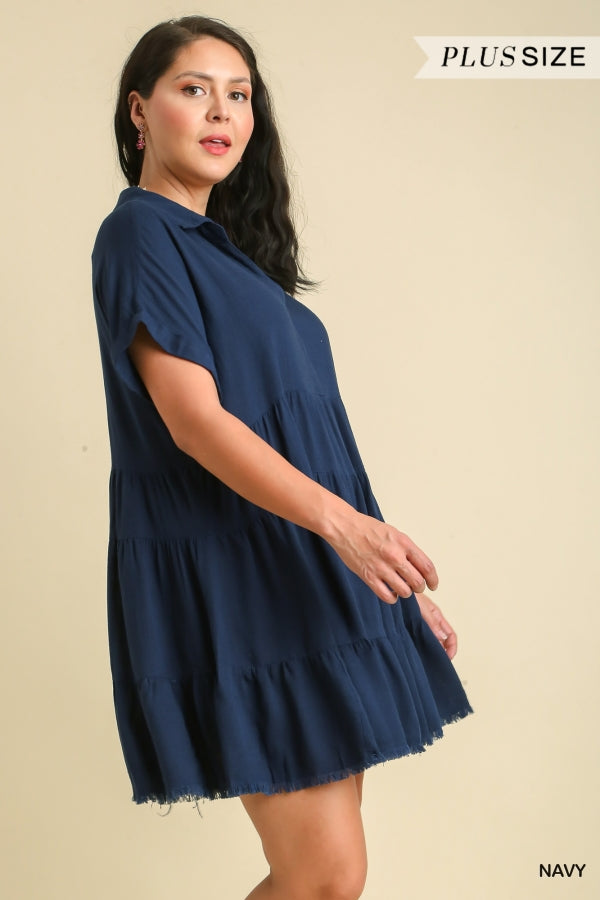 Umgee Plus Short Folded Sleeve V-Neck Collar Ruffle Tiered Frayed Dress - Roulhac Fashion Boutique