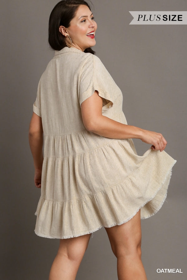 Umgee Plus Short Folded Sleeve V-Neck Collar Ruffle Tiered Frayed Dress