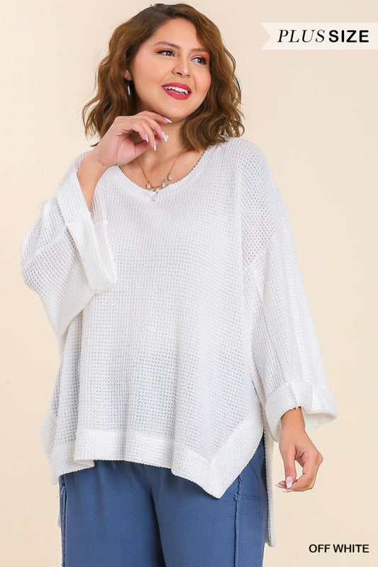 Umgee Plus Waffle Knit 3/4 Rolled Sleeve Round Neck Side Slits Top - Roulhac Fashion Boutique