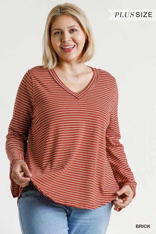 Umgee Plus Striped V-Neck Long Wide Sleeve Raw Edged High Low Hem Top - Roulhac Fashion Boutique