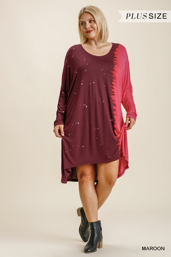 Umgee Plus Dip Dye Round Neck Raw Edged Long Dolman Sleeve Dress - Roulhac Fashion Boutique