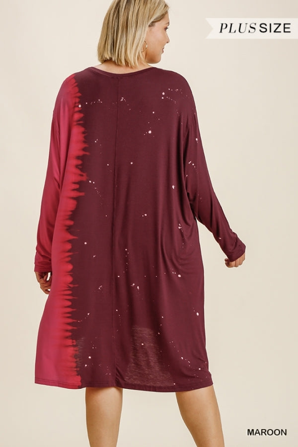 Umgee Plus Dip Dye Round Neck Raw Edged Long Dolman Sleeve Dress - Roulhac Fashion Boutique