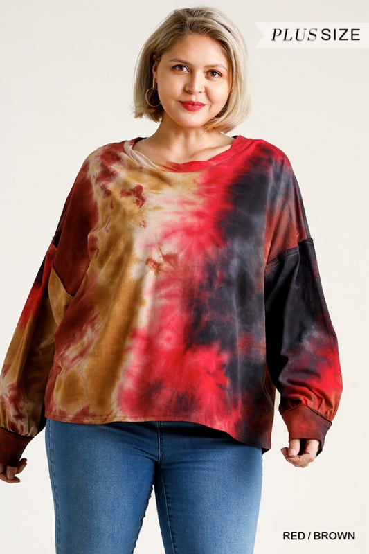 Umgee Plus Tie Dye Twisted Round Neck Long Sleeve Raw Edged Top - Roulhac Fashion Boutique
