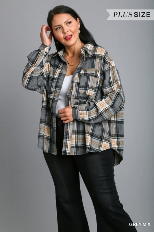 Umgee Plus Plaid Collar Button Down Front Pockets Shacket - Roulhac Fashion Boutique