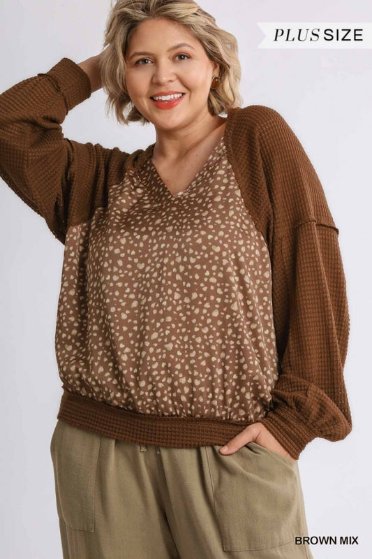 Umgee Plus Animal Knit Woven Print Long Sleeve Top - Roulhac Fashion Boutique