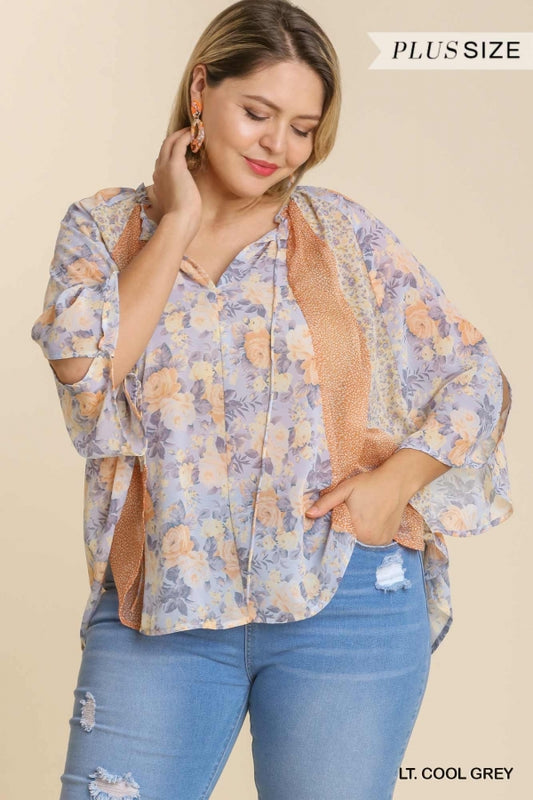 Umgee Plus Mixed Print Sheer Flowy Cape Front Tie Top - Roulhac Fashion Boutique