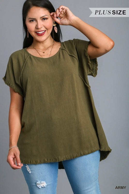 Umgee Plus Linen Blend Short Sleeve Pintuck Round Neck High Low Top - Roulhac Fashion Boutique