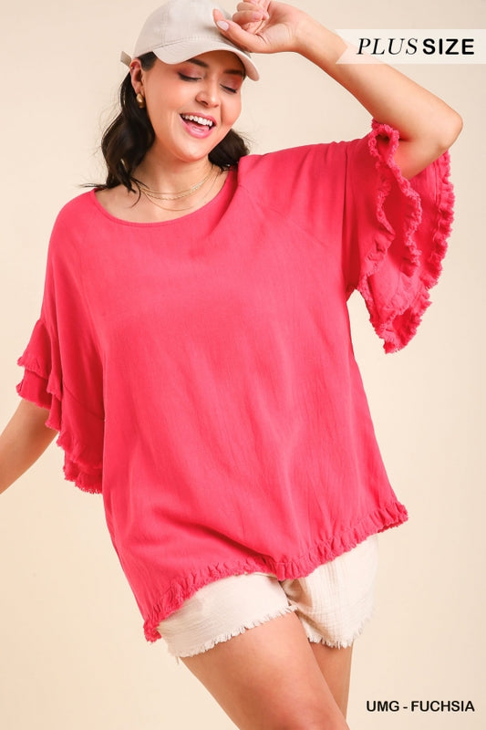 Umgee Plus Linen Blend Layered Ruffle Short Sleeve Round Neck Top - Roulhac Fashion Boutique