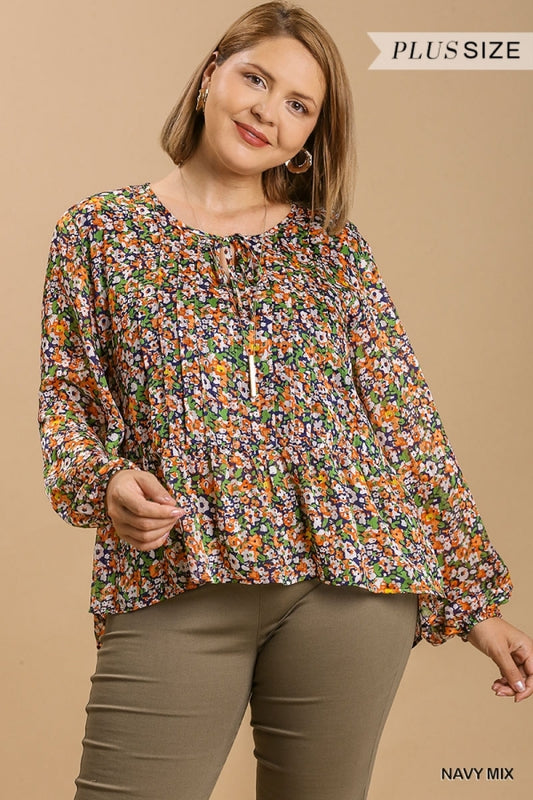 Umgee Plus Mix Floral Print Top with Pleated Details and Metallic Trim - Roulhac Fashion Boutique