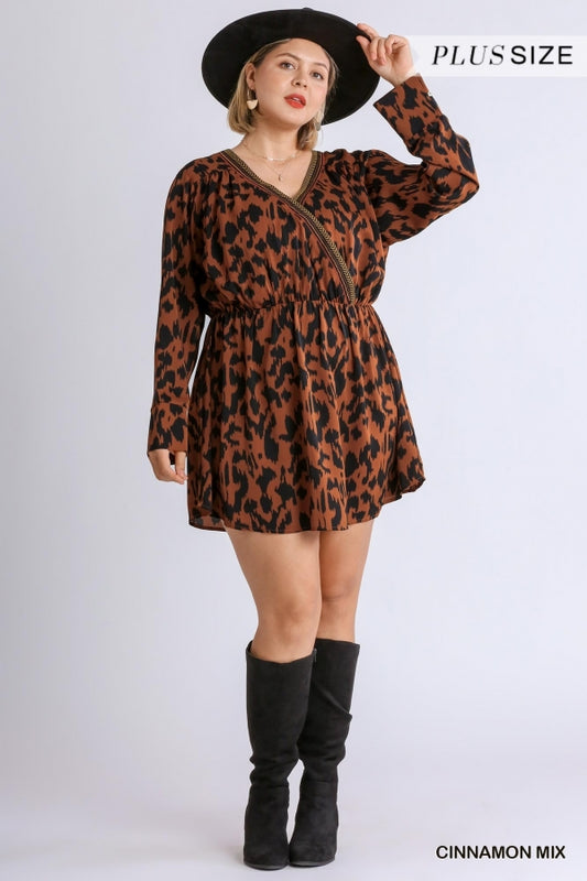 Umgee Plus Animal Print Embroidered VNeck Faux Wrap Cinched Waist Top - Roulhac Fashion Boutique