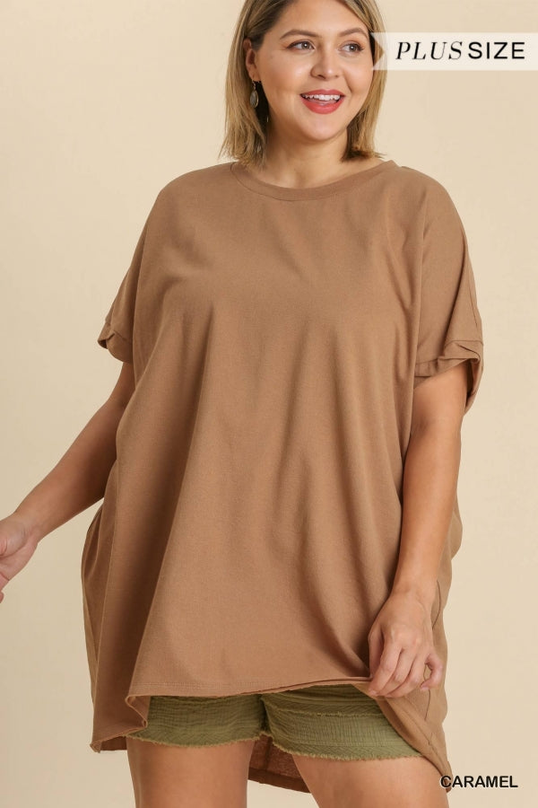 Umgee Plus Oversized Crew Neck Twisted Cuff Sleeves Tunic Top - Roulhac Fashion Boutique