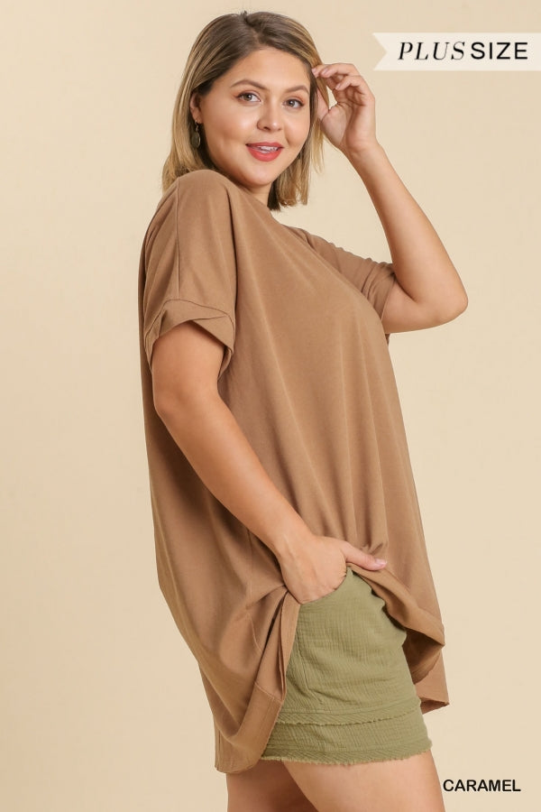 Umgee Plus Oversized Crew Neck Twisted Cuff Sleeves Tunic Top