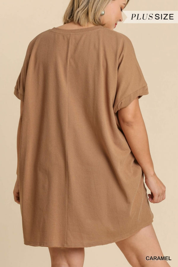 Umgee Plus Oversized Crew Neck Twisted Cuff Sleeves Tunic Top