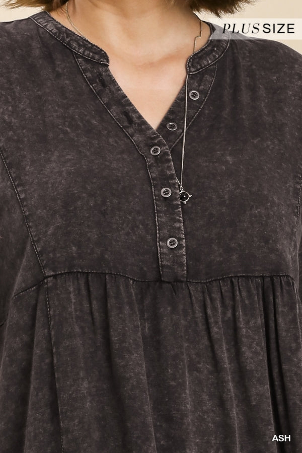 Umgee Plus Mineral Wash Split Neck Button Detail No Lining Dress