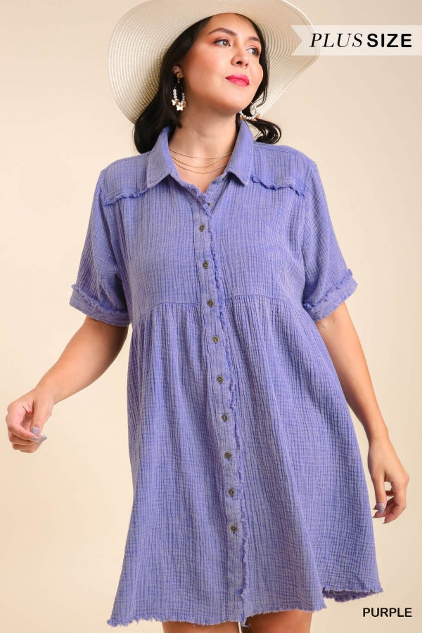 Umgee Plus Mineral Wash Button Down Short Collared Frayed Hem Dress - Roulhac Fashion Boutique