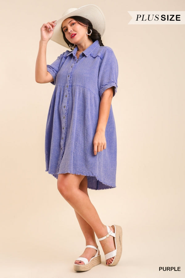 Umgee Plus Mineral Wash Button Down Short Collared Frayed Hem Dress - Roulhac Fashion Boutique