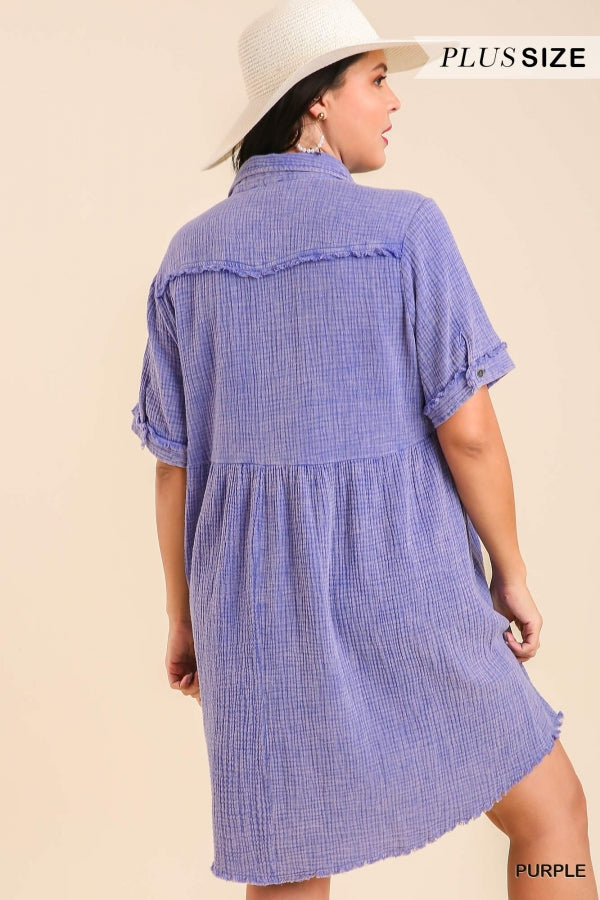 Umgee Plus Mineral Wash Button Down Short Collared Frayed Hem Dress - Roulhac Fashion Boutique